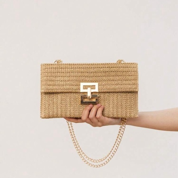 Jenny Louise Boutique Handbags - Metal-Lock Flap Gold Chain Braided Shoulder Bag